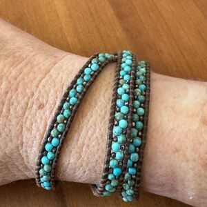 Chan Luu Turquoise & Sterling Bead  Brown Leather Wrap Bracelet Vintage EUC